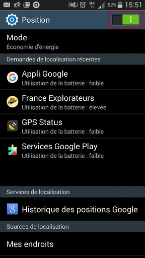 Les paramètres de localisation activés (bouton d'activation entouré de rouge)