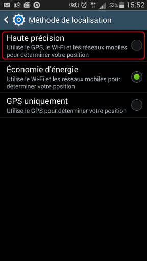 Le choix du mode de localisation : sélectionnez "Haute précision" ou "GPS uniquement"